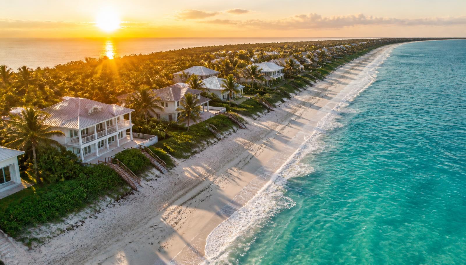 Aerial view of beachfront vacation homes at sunrise