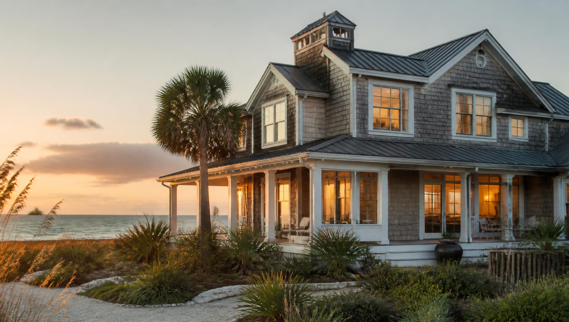 Coastal vacation rental home at golden hour