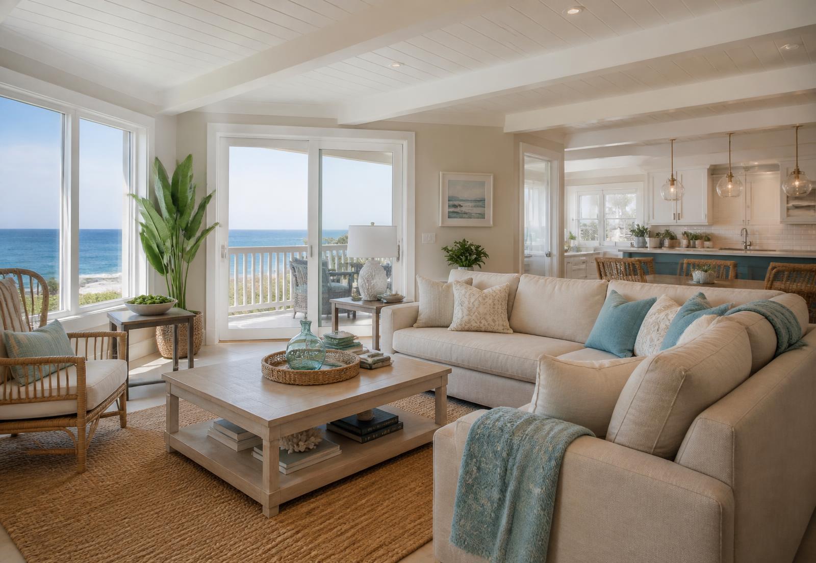 Bright coastal vacation rental living room