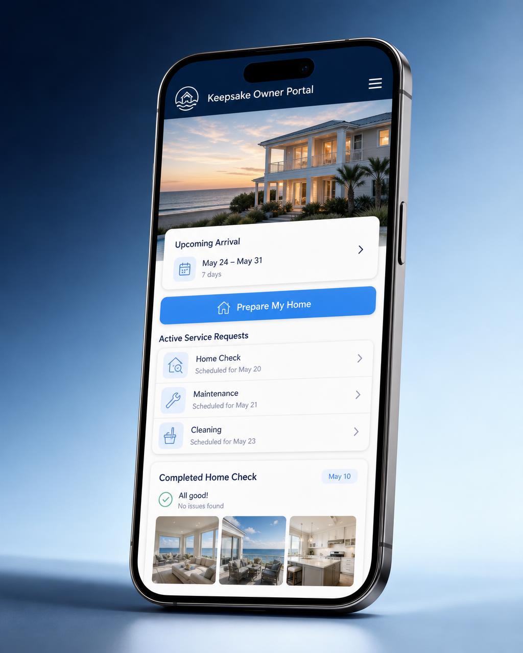 Keepsake Owner Portal dashboard showing an upcoming arrival, Prepare My Home button, active service requests, and a completed home-check report with photos