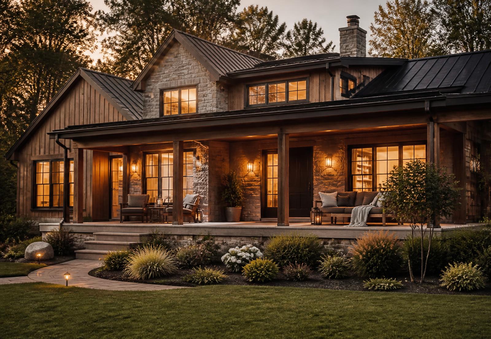 Warm, upscale second home lit at dusk